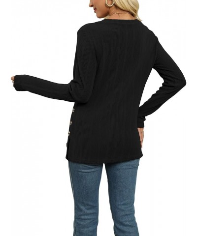 Pullover Sweaters for Women Long Sleeve Crewneck Knit Tops Fall Buttons Side Split Black $17.15 Sweaters