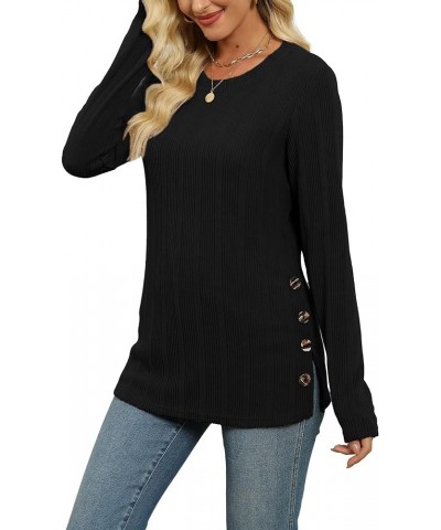 Pullover Sweaters for Women Long Sleeve Crewneck Knit Tops Fall Buttons Side Split Black $17.15 Sweaters