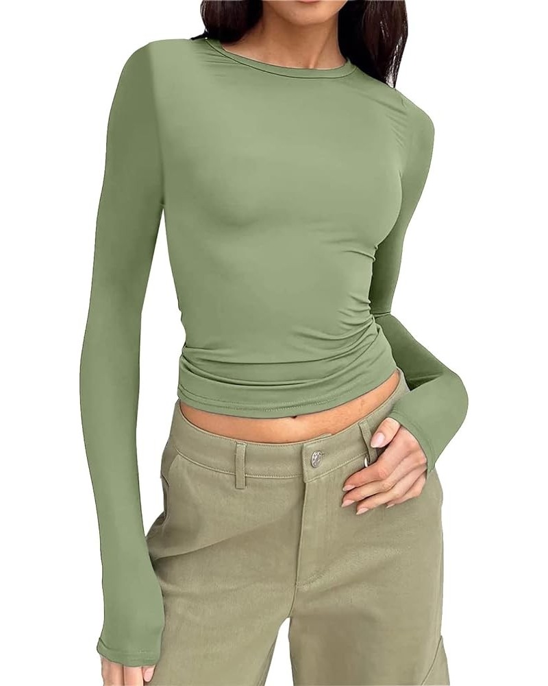 Women’s Long Sleeve Round Neck Crop Top Tee Shirt Basic Solid Tight Slim Fit Cropped Plain Short Women Athletic Green-c $2.80...