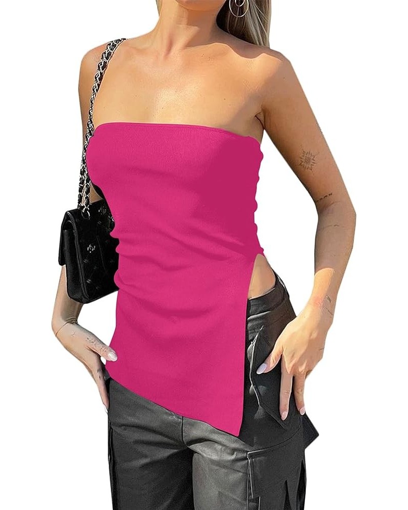 Women's Strapless Knit Bandeau Tube Top Asymmetrical Slit Hem Solid Slim Fitted Y2K Sexy Going Out Tank Bustier Hot Pink $13....