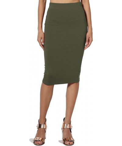 Women's Basic Comfort Stretch Cotton Elastic High Waist Knee Midi Pencil Skirt Olive $9.17 Skirts