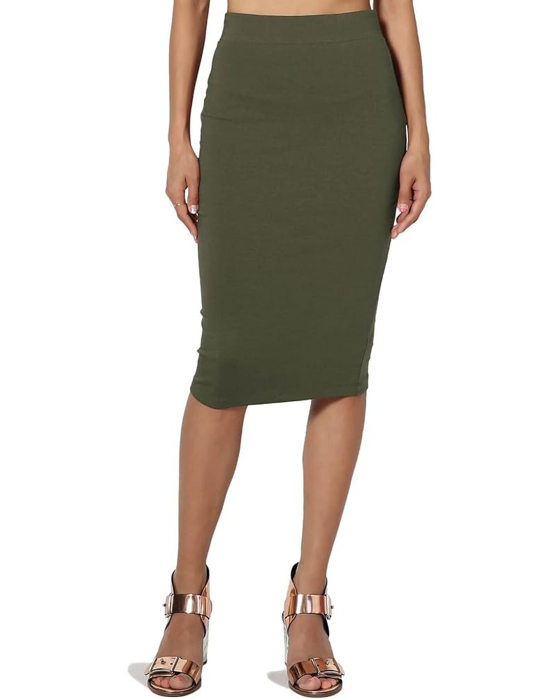 Women's Basic Comfort Stretch Cotton Elastic High Waist Knee Midi Pencil Skirt Olive $9.17 Skirts