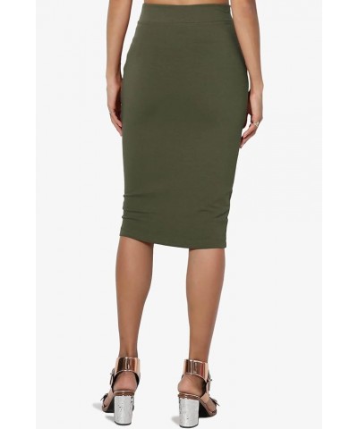 Women's Basic Comfort Stretch Cotton Elastic High Waist Knee Midi Pencil Skirt Olive $9.17 Skirts