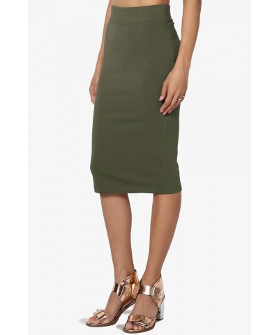 Women's Basic Comfort Stretch Cotton Elastic High Waist Knee Midi Pencil Skirt Olive $9.17 Skirts