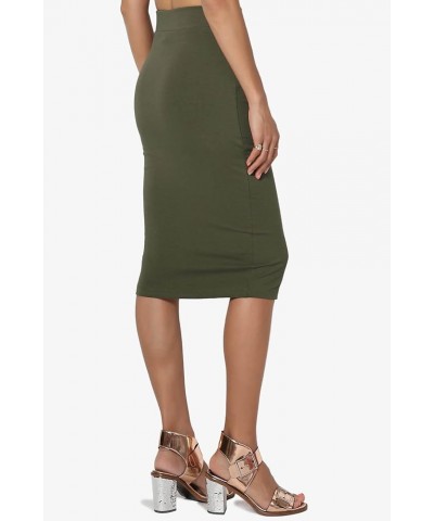 Women's Basic Comfort Stretch Cotton Elastic High Waist Knee Midi Pencil Skirt Olive $9.17 Skirts