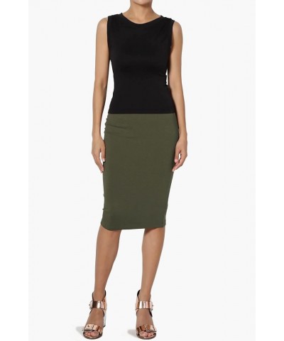 Women's Basic Comfort Stretch Cotton Elastic High Waist Knee Midi Pencil Skirt Olive $9.17 Skirts