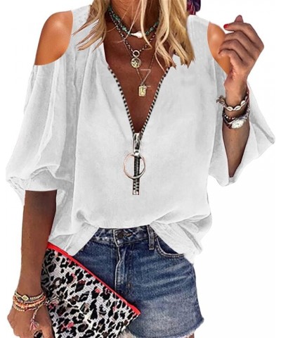 Womens V-Neck Lantern Sleeve Blouse Zipper Design Loose Casual Top Shirts Z-white $15.67 Blouses