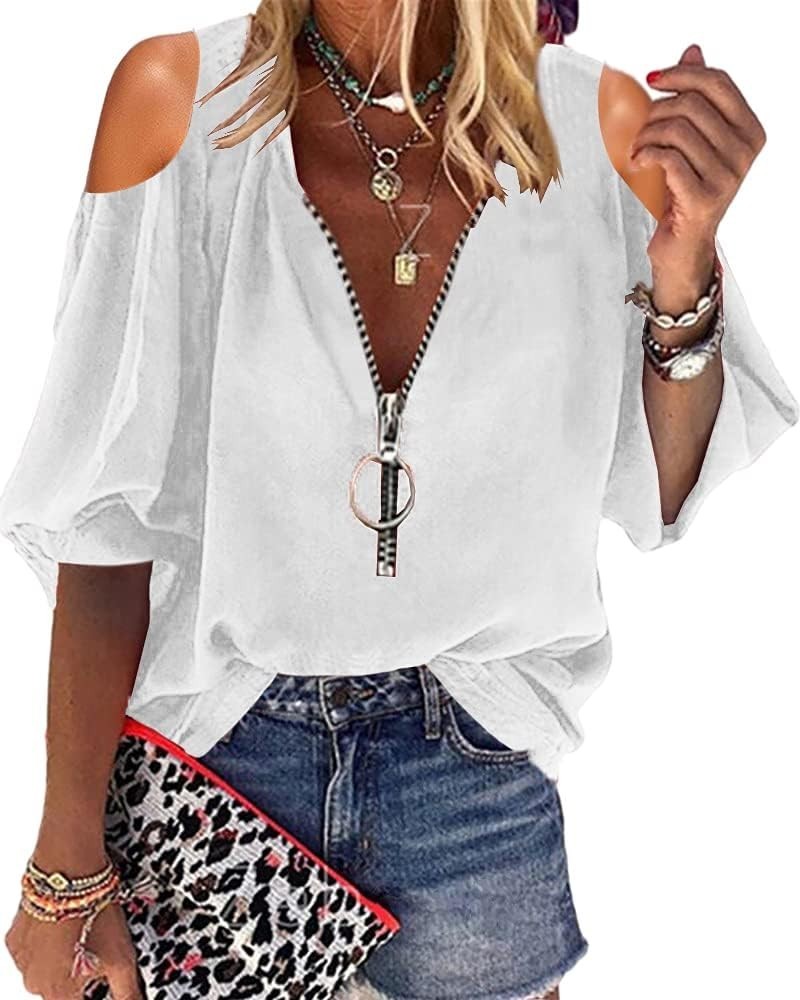 Womens V-Neck Lantern Sleeve Blouse Zipper Design Loose Casual Top Shirts Z-white $15.67 Blouses