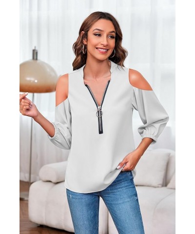 Womens V-Neck Lantern Sleeve Blouse Zipper Design Loose Casual Top Shirts Z-white $15.67 Blouses