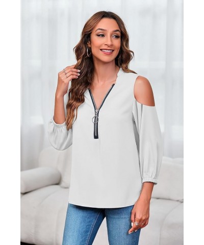 Womens V-Neck Lantern Sleeve Blouse Zipper Design Loose Casual Top Shirts Z-white $15.67 Blouses