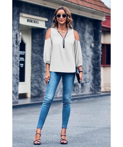 Womens V-Neck Lantern Sleeve Blouse Zipper Design Loose Casual Top Shirts Z-white $15.67 Blouses