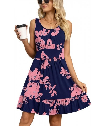 Women's Summer Casual U Neck Sundresses Pleated Knee Length Sleeveless Tank Dress Jy Navy Blue Rose $14.96 Dresses