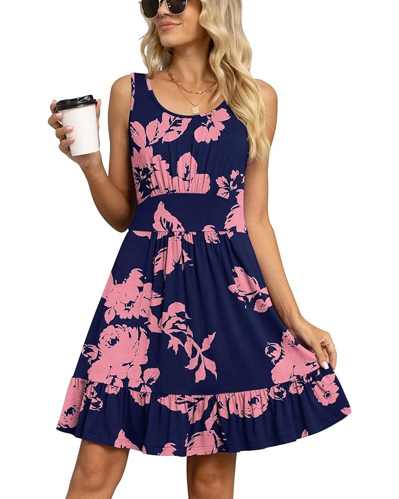 Women's Summer Casual U Neck Sundresses Pleated Knee Length Sleeveless Tank Dress Jy Navy Blue Rose $14.96 Dresses