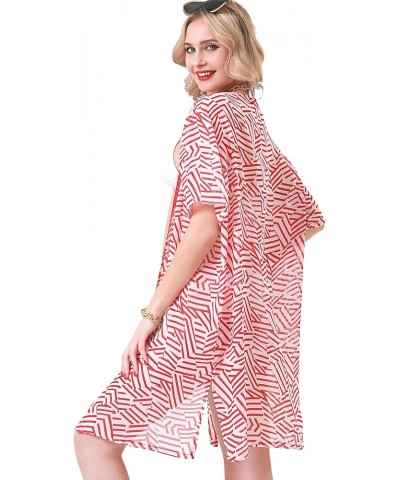 Women's Printed Chiffon Kimono Cardigan Cover Up with Half Sleeve Summer Sheer Beachwear Swimsuit for Bikini Red Stripe $11.3...