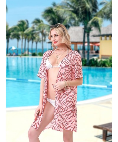 Women's Printed Chiffon Kimono Cardigan Cover Up with Half Sleeve Summer Sheer Beachwear Swimsuit for Bikini Red Stripe $11.3...