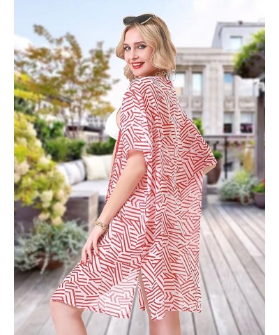 Women's Printed Chiffon Kimono Cardigan Cover Up with Half Sleeve Summer Sheer Beachwear Swimsuit for Bikini Red Stripe $11.3...