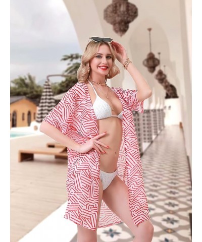 Women's Printed Chiffon Kimono Cardigan Cover Up with Half Sleeve Summer Sheer Beachwear Swimsuit for Bikini Red Stripe $11.3...