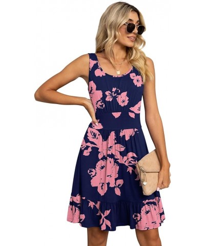 Women's Summer Casual U Neck Sundresses Pleated Knee Length Sleeveless Tank Dress Jy Navy Blue Rose $14.96 Dresses