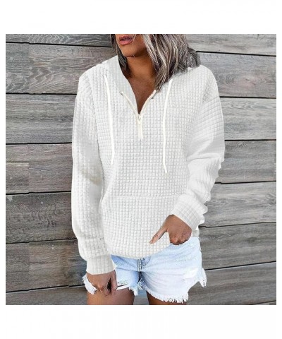 Waffle Hoodie for Women Half Zipper Solid Color with Pockets Drawstring Fall Casual Button Pullover Basic Sweatshirt 01-white...