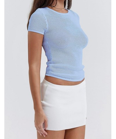 Women Short Sleeve Knitted Crop Top Crew Neck Solid Slim Fit Cropped T-Shirt Blue $13.19 T-Shirts