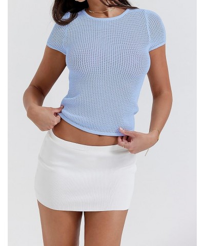 Women Short Sleeve Knitted Crop Top Crew Neck Solid Slim Fit Cropped T-Shirt Blue $13.19 T-Shirts