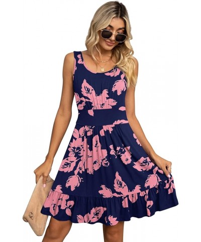 Women's Summer Casual U Neck Sundresses Pleated Knee Length Sleeveless Tank Dress Jy Navy Blue Rose $14.96 Dresses