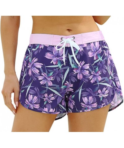 Women's Swim Shorts Quick Dry Summer Beach Drawstring Board Shorts Swimwear Floral Purple $8.98 Swimsuits