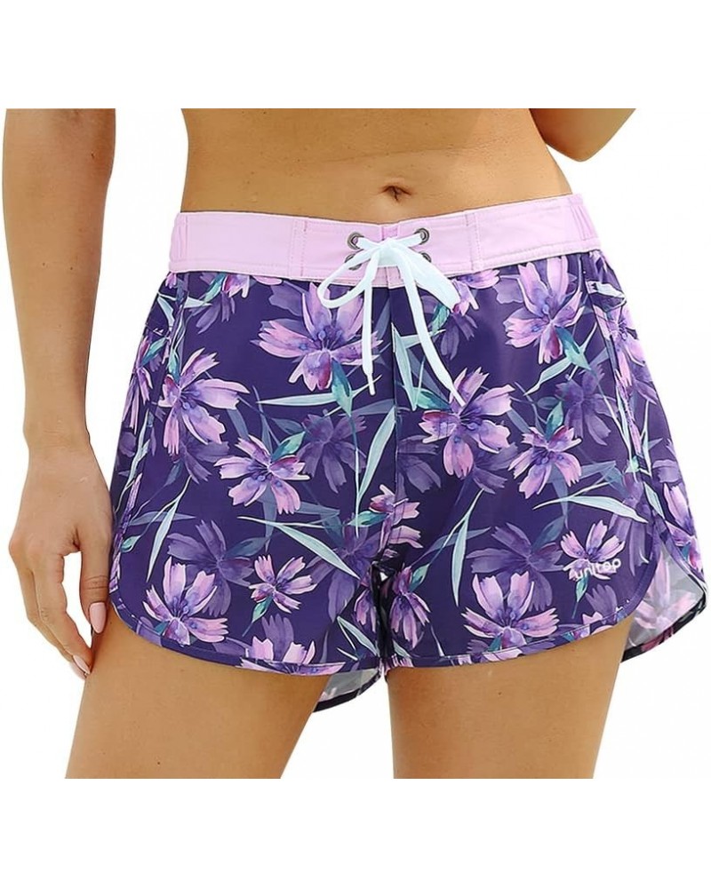 Women's Swim Shorts Quick Dry Summer Beach Drawstring Board Shorts Swimwear Floral Purple $8.98 Swimsuits