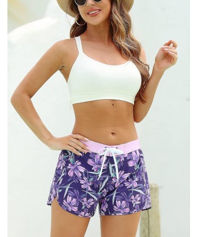 Women's Swim Shorts Quick Dry Summer Beach Drawstring Board Shorts Swimwear Floral Purple $8.98 Swimsuits