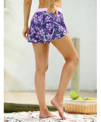 Women's Swim Shorts Quick Dry Summer Beach Drawstring Board Shorts Swimwear Floral Purple $8.98 Swimsuits