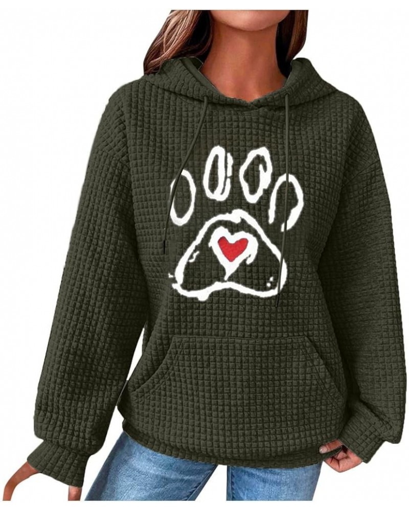 Womens Oversized Waffle Knit Sweatshirt Love Heart Dog Paw Print Hoodie Drawstring Pullover Long Sleeve Tops with Pocket Y-ar...