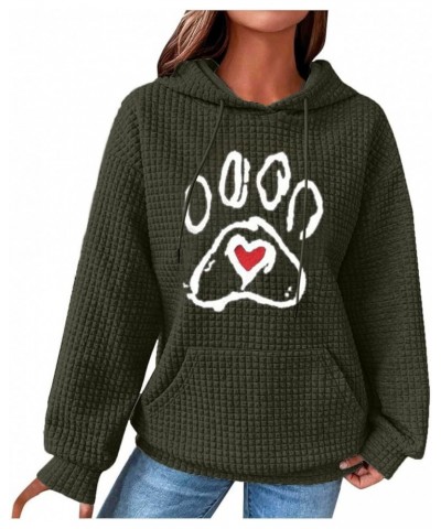 Womens Oversized Waffle Knit Sweatshirt Love Heart Dog Paw Print Hoodie Drawstring Pullover Long Sleeve Tops with Pocket Y-ar...