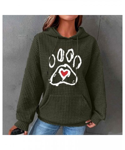 Womens Oversized Waffle Knit Sweatshirt Love Heart Dog Paw Print Hoodie Drawstring Pullover Long Sleeve Tops with Pocket Y-ar...