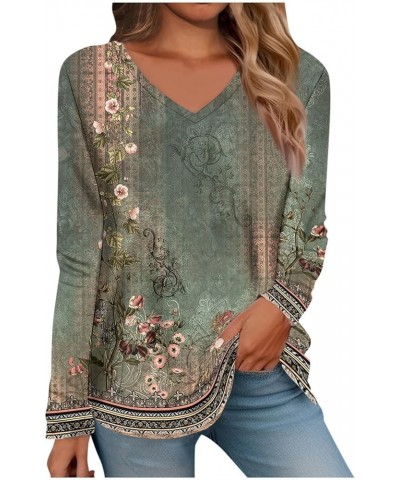 Ladies Tops and Blouses Womens Tops Long Sleeve Shirts Vneck Loose Casual Blouses Floral Printed Tshirts 01-dark Green $9.51 ...