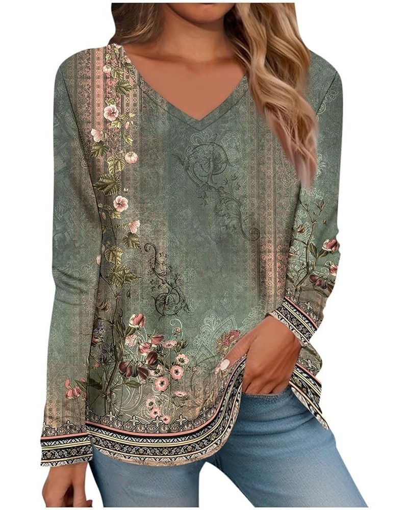 Ladies Tops and Blouses Womens Tops Long Sleeve Shirts Vneck Loose Casual Blouses Floral Printed Tshirts 01-dark Green $9.51 ...