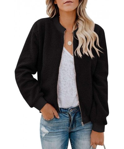 Women Fleece Jacket Winter Bomber Long Sleeve Faux Sherpa Fuzzy Casual Zip Up Coat Pocket A-black $20.09 Jackets