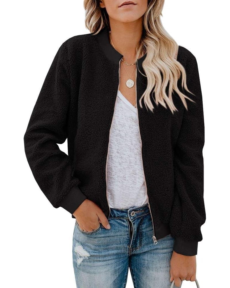 Women Fleece Jacket Winter Bomber Long Sleeve Faux Sherpa Fuzzy Casual Zip Up Coat Pocket A-black $20.09 Jackets