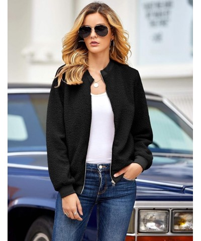 Women Fleece Jacket Winter Bomber Long Sleeve Faux Sherpa Fuzzy Casual Zip Up Coat Pocket A-black $20.09 Jackets