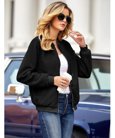 Women Fleece Jacket Winter Bomber Long Sleeve Faux Sherpa Fuzzy Casual Zip Up Coat Pocket A-black $20.09 Jackets