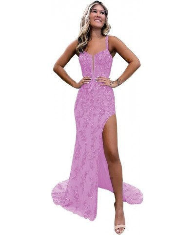 Women's Sequin Long Prom Dresses with Slit Tulle Corset Formal Evening Gowns with Applique Lace AG087 Lilac $30.34 Dresses