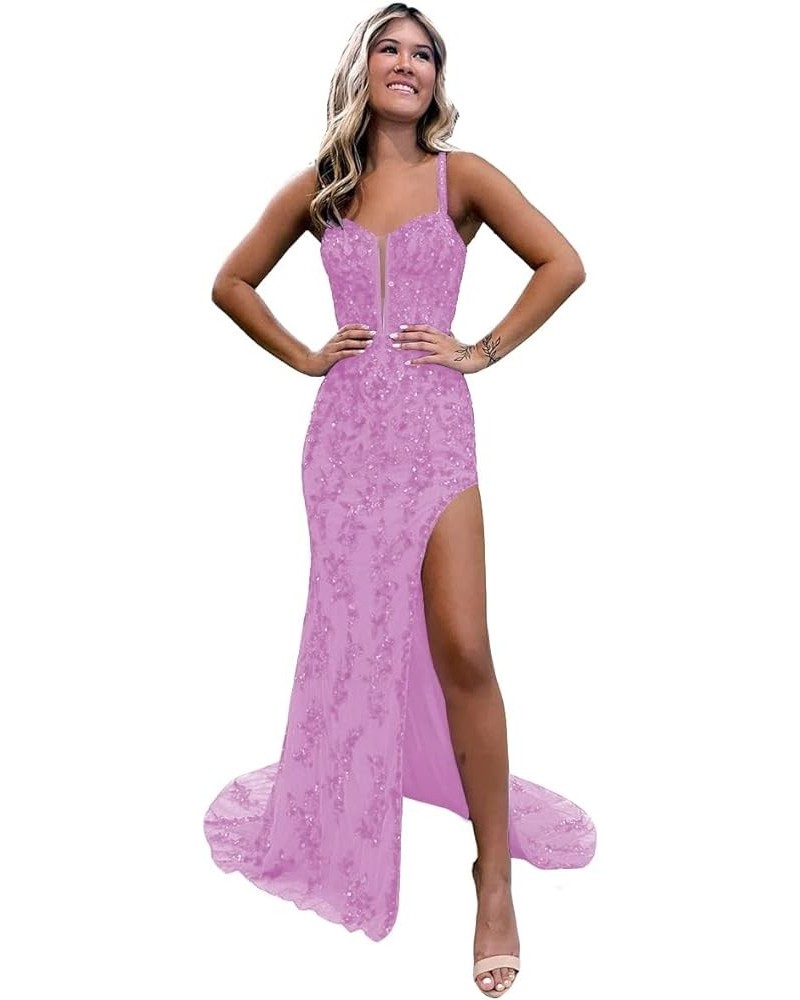 Women's Sequin Long Prom Dresses with Slit Tulle Corset Formal Evening Gowns with Applique Lace AG087 Lilac $30.34 Dresses