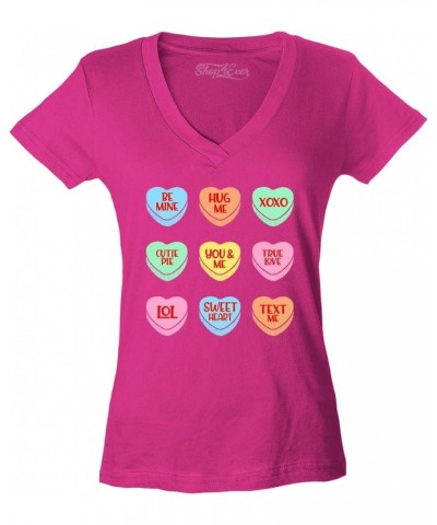 Valentine's Day Candy Hearts Conversation Heart Women's V-Neck T-Shirt Slim Fit Pink $10.39 Tops