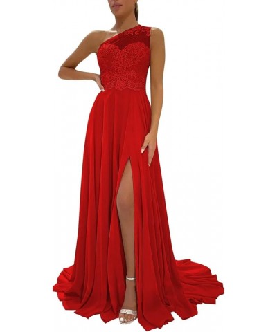 One Shoulder Chiffon Bridesmaid Dresses for Wedding 2024 Lace Slit Prom Dress with Pocket Evening Formal Gown Red $34.40 Dresses