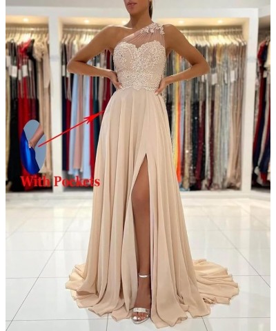 One Shoulder Chiffon Bridesmaid Dresses for Wedding 2024 Lace Slit Prom Dress with Pocket Evening Formal Gown Red $34.40 Dresses