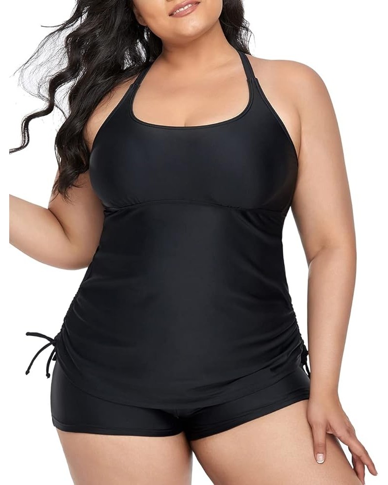 Plus Size Strappy Bathing Suits for Women Athletic Two Piece Swimsuit Modest Tankini Top with Shorts Black $19.20 Swimsuits