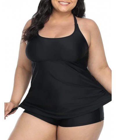 Plus Size Strappy Bathing Suits for Women Athletic Two Piece Swimsuit Modest Tankini Top with Shorts Black $19.20 Swimsuits