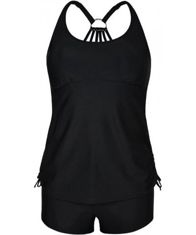 Plus Size Strappy Bathing Suits for Women Athletic Two Piece Swimsuit Modest Tankini Top with Shorts Black $19.20 Swimsuits