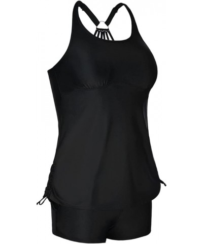 Plus Size Strappy Bathing Suits for Women Athletic Two Piece Swimsuit Modest Tankini Top with Shorts Black $19.20 Swimsuits