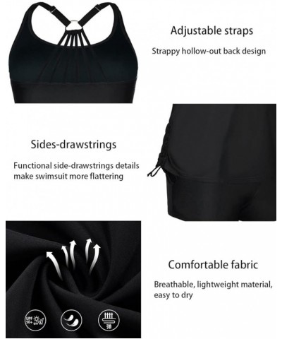 Plus Size Strappy Bathing Suits for Women Athletic Two Piece Swimsuit Modest Tankini Top with Shorts Black $19.20 Swimsuits