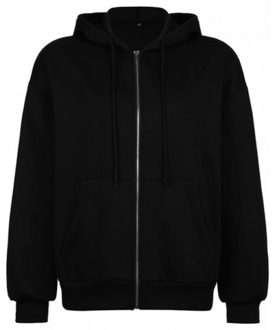 Y2k Vintage Zip Up Hoodie for Women Oversized Print Long Sleeve Drawstring Hooded Sweatshirt Jacket with Pockets Solid Black ...